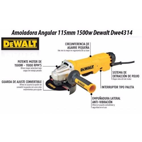 AMOLADORA ANGULAR DEWALT 4 1/2 - 5 DWE4314 1400W INTERRUPTOR PALETA