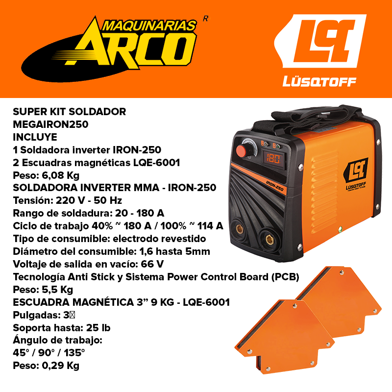 SOLDADORA INVERTER LUSQTOFF IRON 250 + 2 ESCUADRAS LUSQTOFF LQE6001